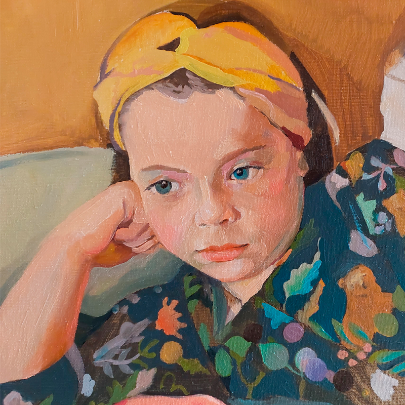 Retrato de niña pintado al óleo, en plano detalle